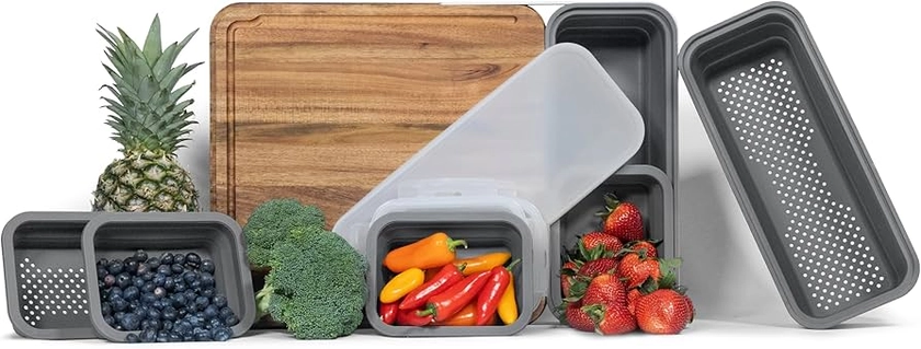 TidyBoard Meal Prep Cutting Board with Containers - Acacia Wood Cutting Board with Silicone Containers and Lids - Meal Prep Station with Strainer - Over-the-Sink Chopping Board (Starter Pack, Grey)