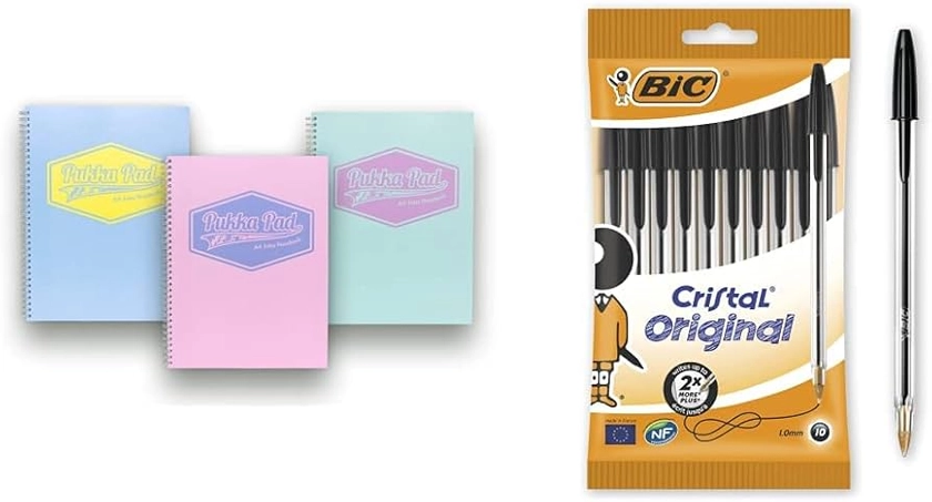 Pukka Pad Pastel Jotta Pad, A4, Pack of 3 & Bic Cristal Original Ballpoint Pens, Smudge-free with Medium Point (1.0 mm), Black, Ideal for Office and School, Pack of 10 : Amazon.co.uk: Everything Else
