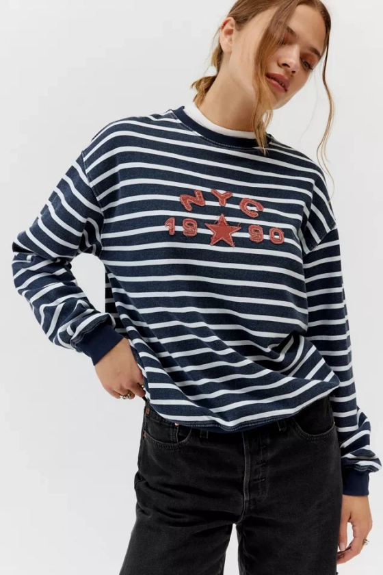 NYC 1990 Applique Graphic Striped Crew Neck Sweatshirt