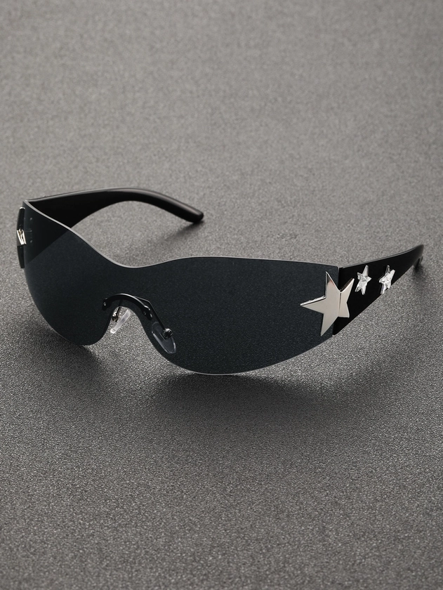 1pc Men's Plastic Frame Star Decorated Sunglasses With Large Frame And Y2k Style, Suitable For Summer And Ski Season Street