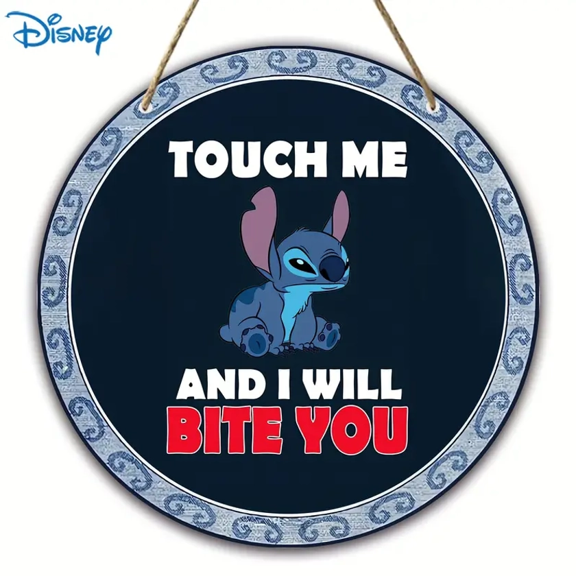 1pc, Authorized,* Cute Touch Me And I Will Bite You Stitch Wooden Sign(8''x8''/20cm*20cm)* Garland Sign,* Stitch Wood Sign,* Artwork Decoration Modern Hanging Art Decor For Party Home Artist Studio, Round Wooden Plaque,Hanging Wooden Plaque