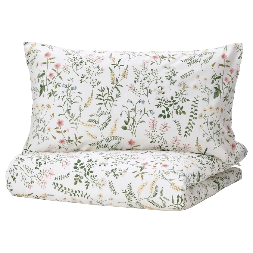 TIMJANSMOTT duvet cover and 2 pillowcases, white/floral pattern, 240x220/50x80 cm - IKEA