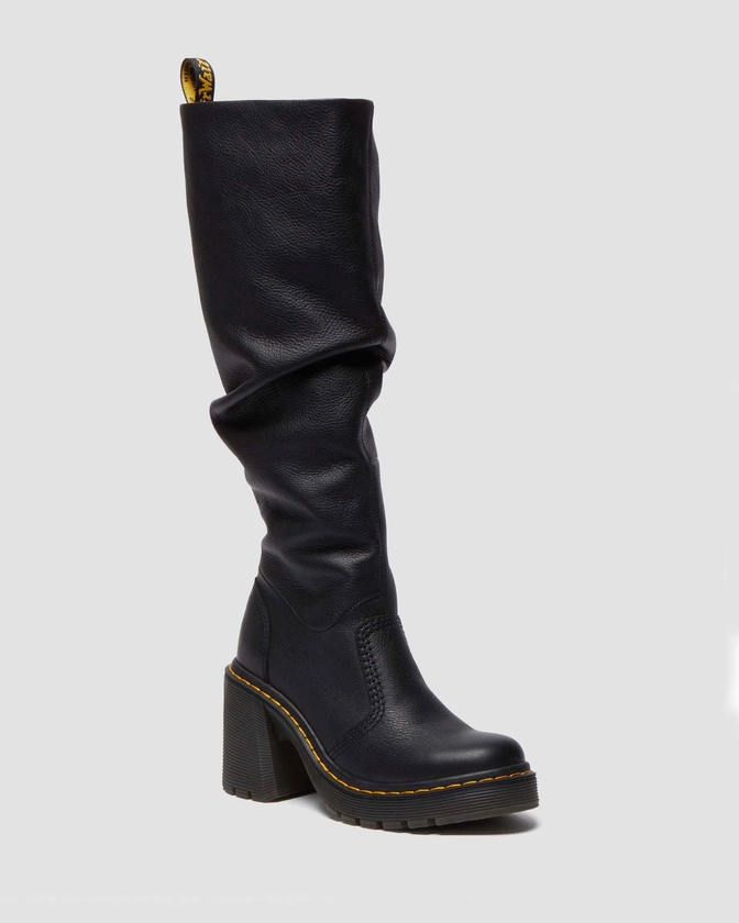 Kasey Virginia Leather Knee High Heeled Boots in Black | Dr. Martens