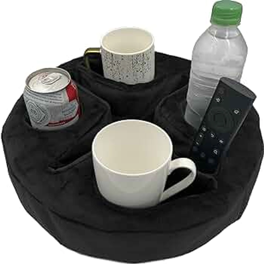 Couch and Bed Cup Holder Pillow, Sofa Organizer Caddy for Drinks, Remotes, Phones, Snacks (Black)
