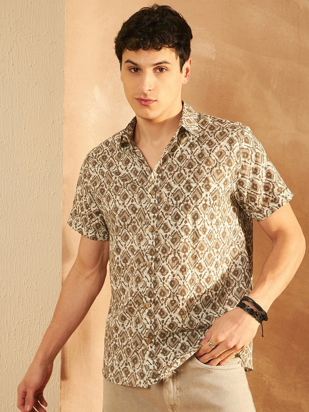 DENNISON Smart Ethnic Motifs Printed Spread Collar Short Sleeves Cotton Lightweight Shirt