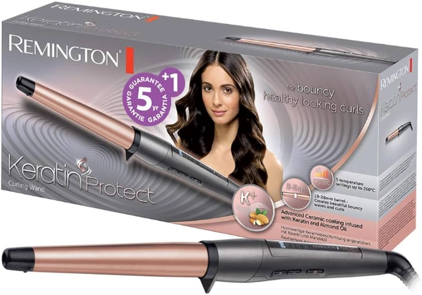 Remington Rizador de Pelo Keratin Protect, Queratina y Aceite Almendras, Ondulador de Pelo con Barril de 19-28 mm, Cerámica, 5 Temperaturas hasta 210°C, Digital, CI83V6, Negro, Rose Gold