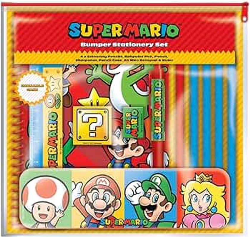 Super Mario Bumper Stationery Set (Core Colour Block Design) School Stationery Set and Office Supplies - Official Merchandise