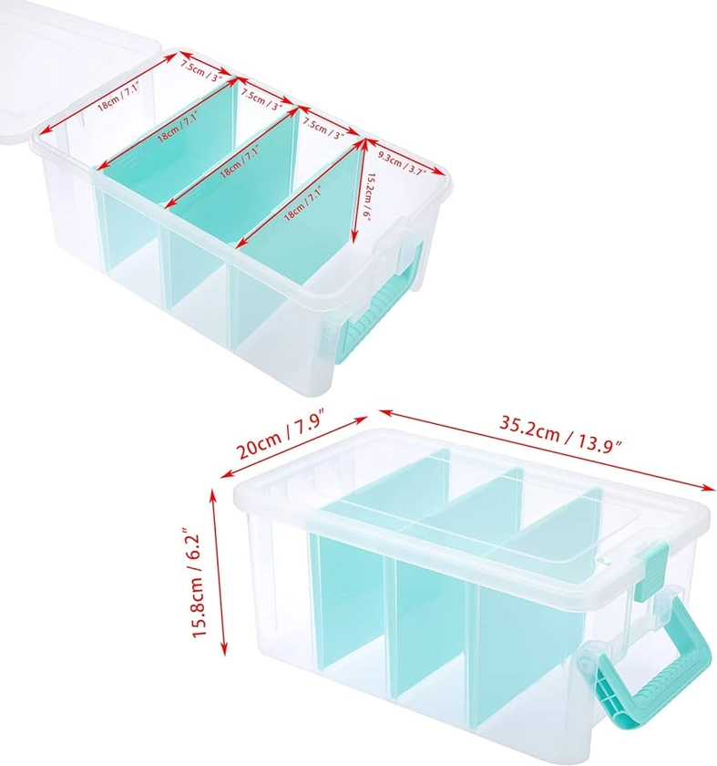 BSTKEY Plastic Clear Blue Storage Container Organizer Box, Home Utility Storage Box with 4 Detachable Compartments and Handle, Vertical