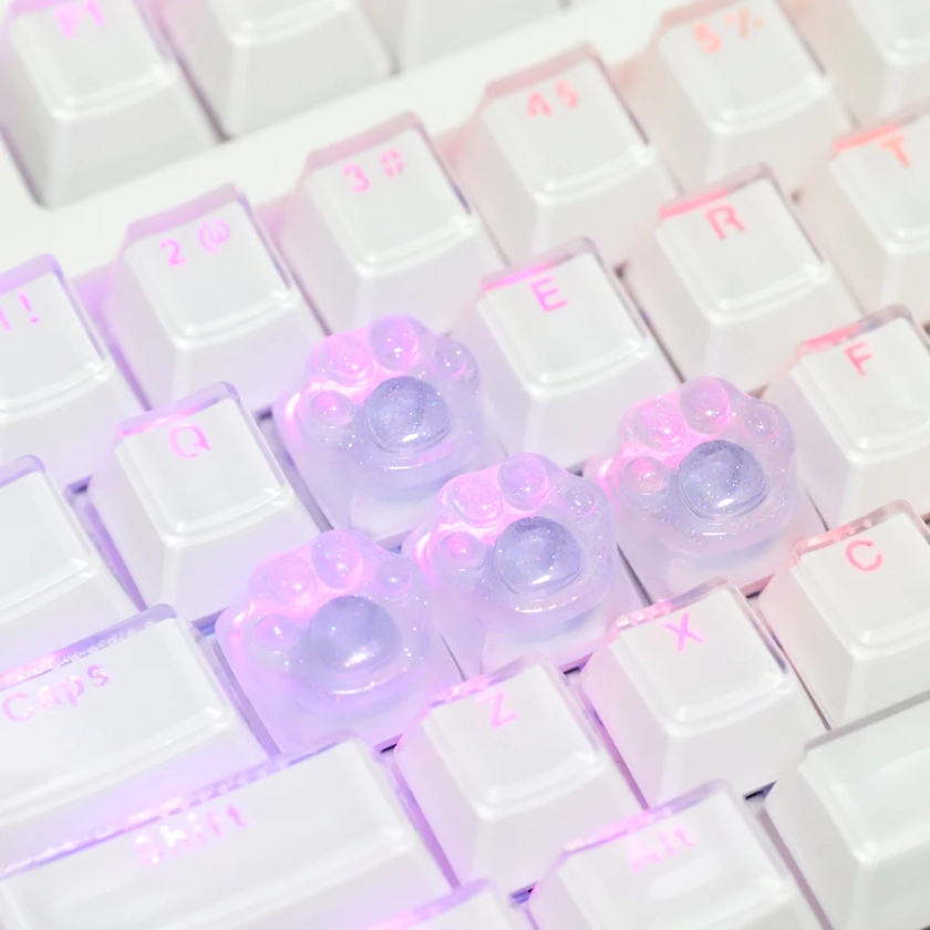 Purple Translucent Cat Paw Anime Kawaii Cute Keycap Cross Axis Backlit RGB Mechanical Keyboard Pink Cyan Custom ESC WASD Cap