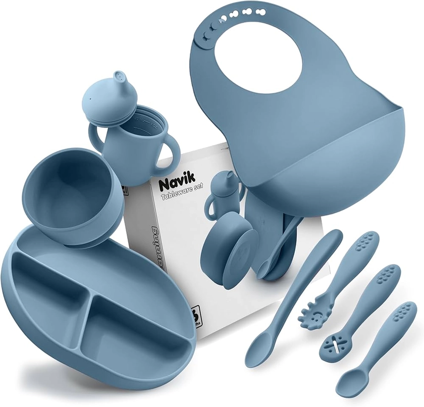 Navik | coffret repas bebe | assiette ventouse pour bébé | tasse apprentissage bebe | bol ventouse pour bébé et cuillere bebe en silicone | bleu arctique