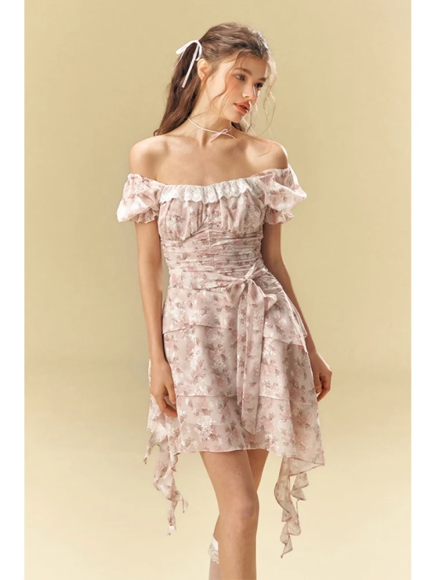 Square Neck Floral Irregular Ruffle Dress【s0000001540】