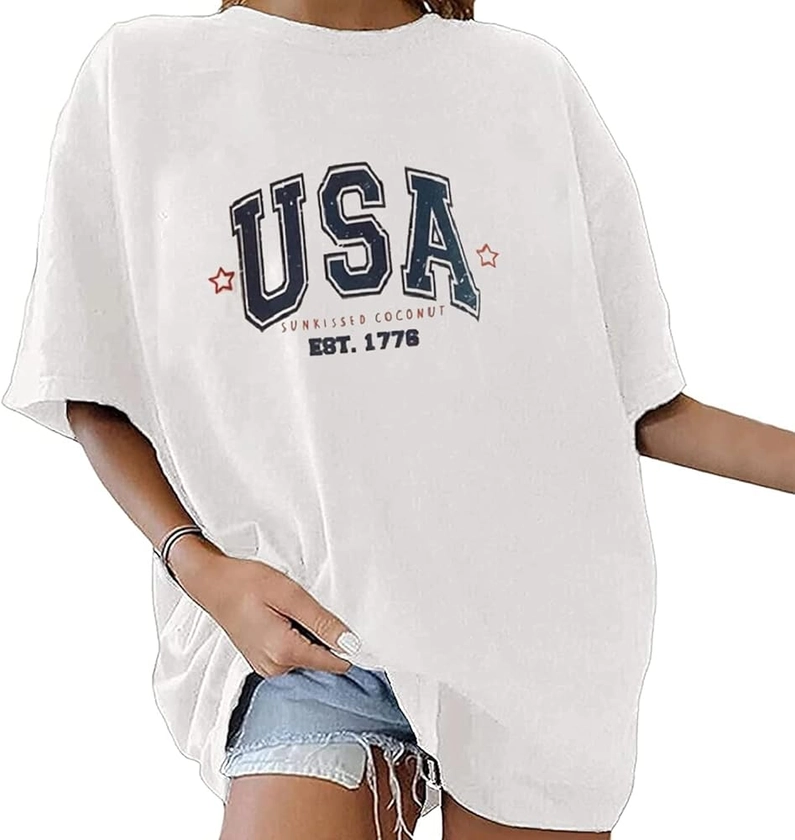 Remidoo Oversized T Shirts for Women Casual Short Sleeve Graphic Tee Loose Letter Print Top Blouse USA White Small at Amazon Women’s Clothing store