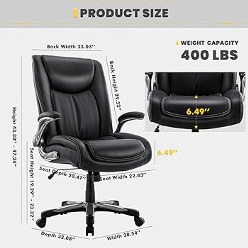 COLAMY Big and Tall Office Chair 400lbs, Large Heavy Duty High Back Executive Computer Office Desk Chair Flip-up Arms Wide Thick Seat for Home Office, Black
