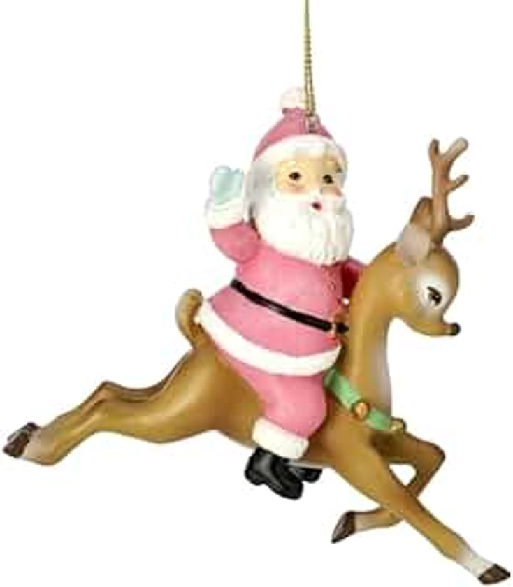 The Bridge Collection 5" Pink Santa with Reindeer Ornament - Home for The Holidays - Christmas Tree Ornaments - Pink Santa Christmas Ornaments - Vintage Christmas Tree Ornaments