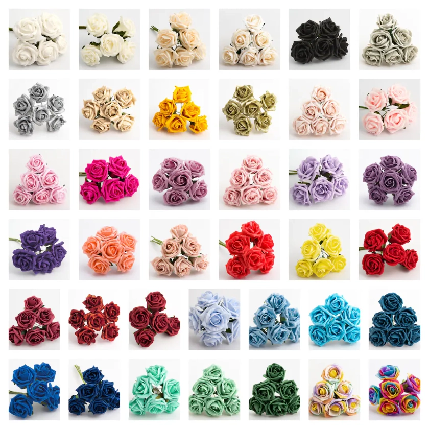 Bunch of 6 - 5cm Colourfast Foam Artificial Roses Wedding Flowers Bouquet White Red Silver Gold Rainbow Yellow Green Blue