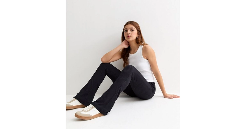 Girls Black Ribbed High Waist Flared Trousers | New Look