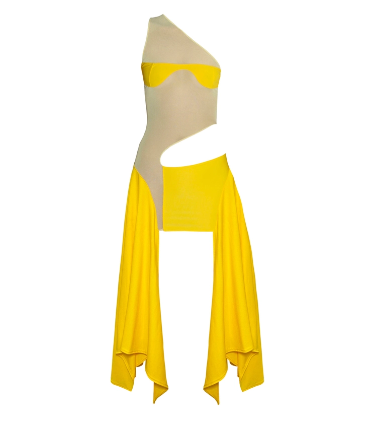 Banana Yellow Tricot/ Mesh Cut Out Dress