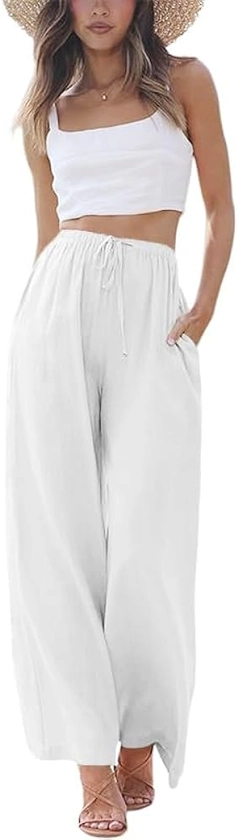Linen High Waisted Wide Leg Palazzo Pants for Women Casual Summer Drawstring Trousers Flowy Beach Pants with Pockets