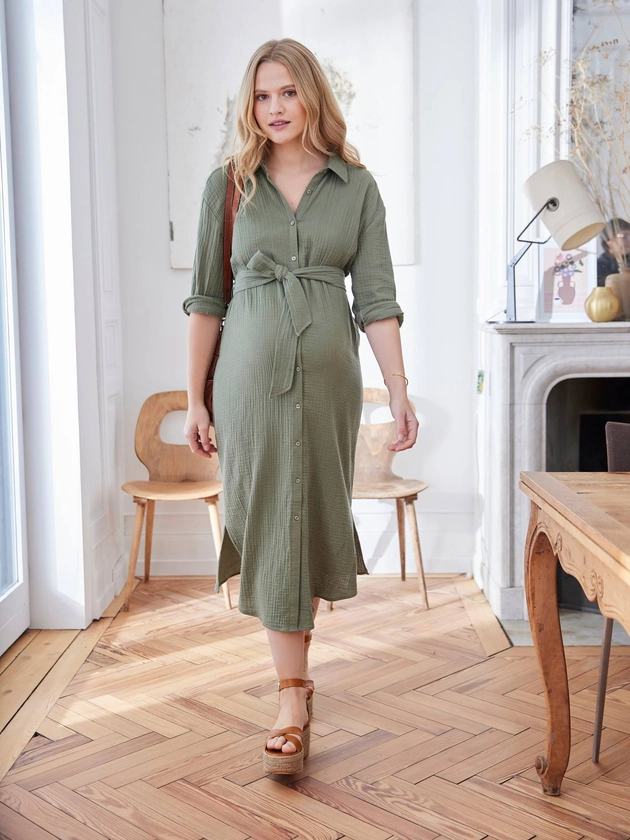 Robe-chemise longue gaze de coton grossesse et allaitement olive - Vertbaudet