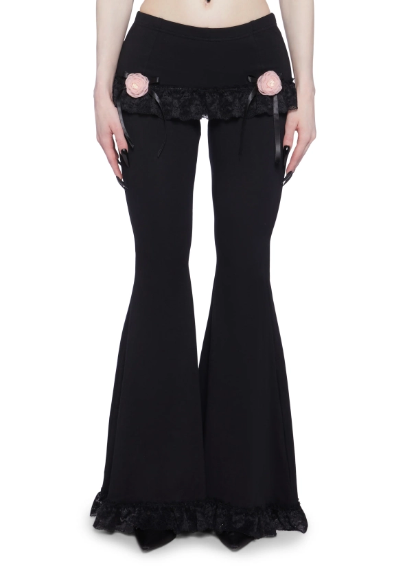 Widow Flared Pants With Lace Ruffles And Built In Mini Skirt - Black