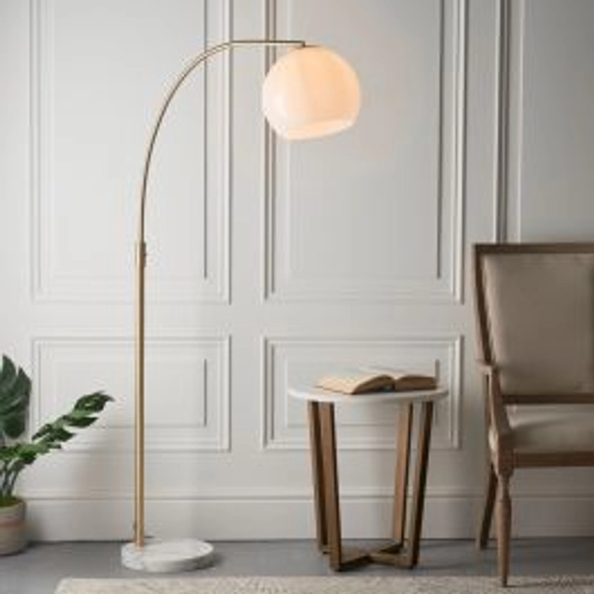 Endon Otto 1 Light Floor Lamp in Satin Brass with White/Grey Marble and Opal Glass