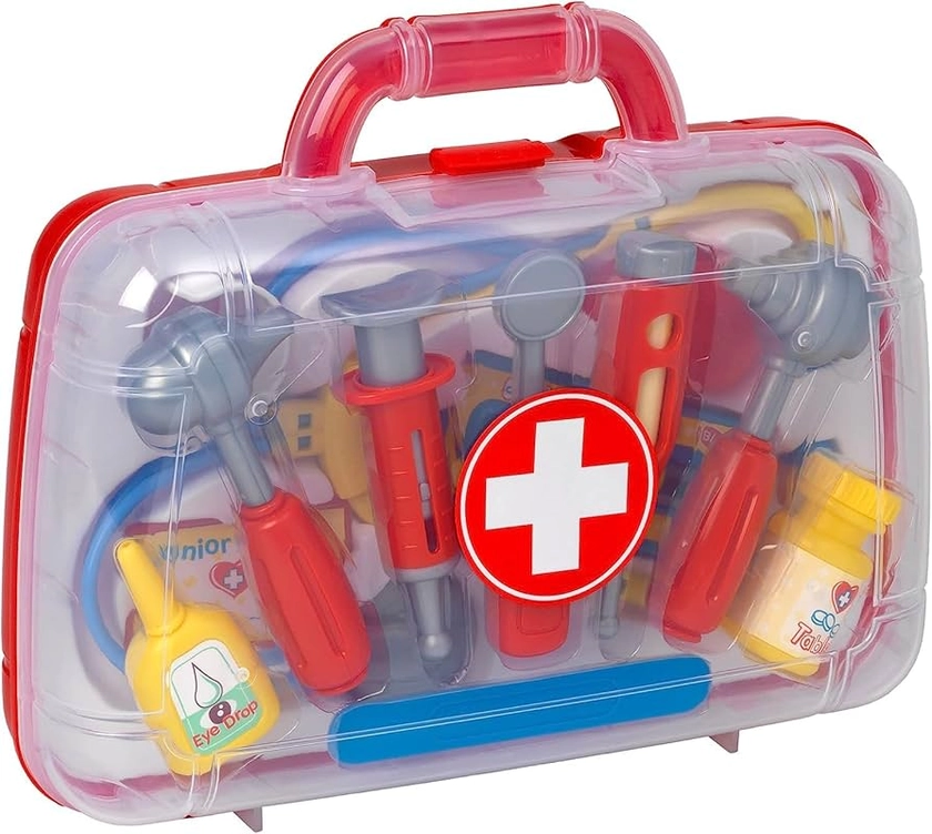 PETERKIN | Classic Doctor's Medical Carry Case Toy | 11 piece, brightly coloured, plastic doctor's set in a sturdy 30cm carry case | Roleplay Toys | Ages 3+, Red