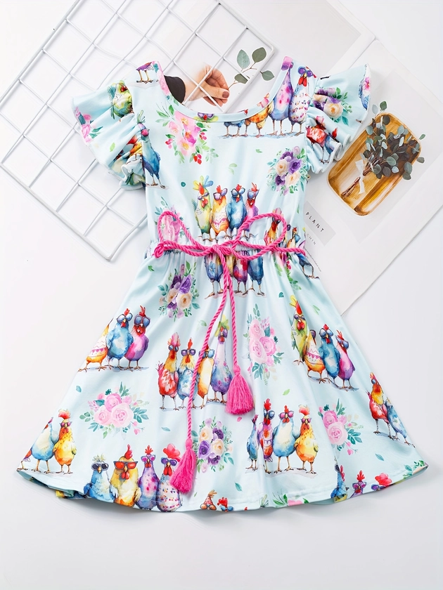 Stretchy Cartoon Hen Graphic Flutter Sleeve Dress For Girls Summer Gift Holiday Party