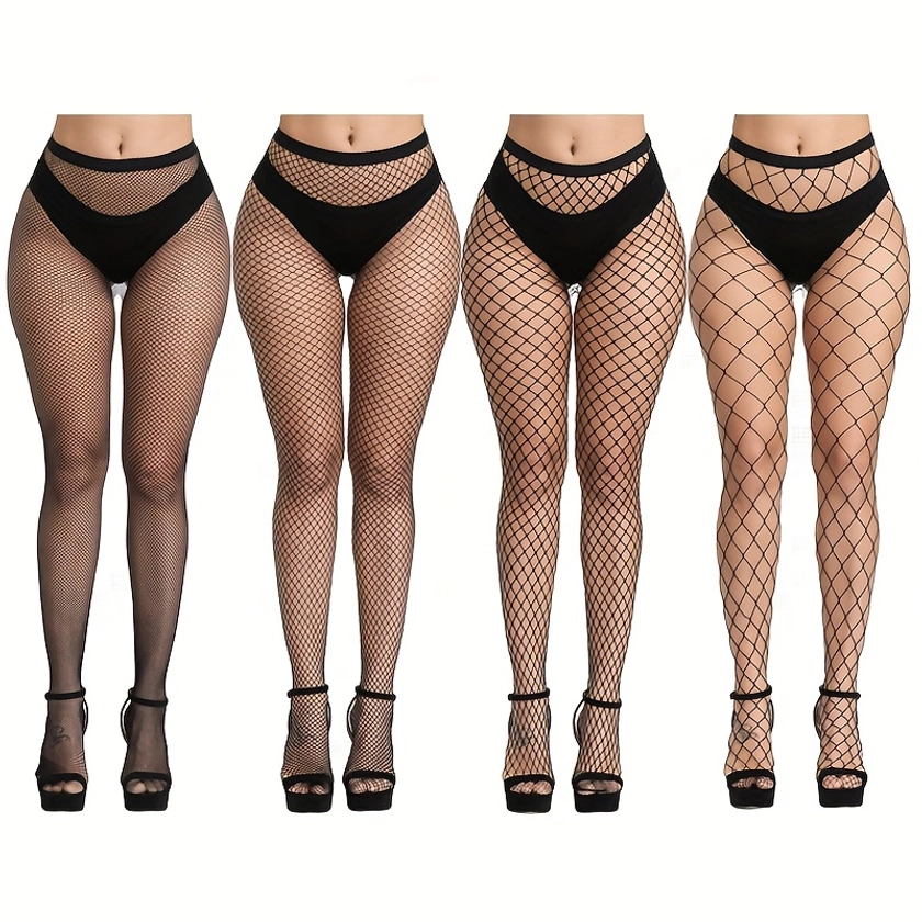 4 Pack Sheer Fishnet Tights, Hollow Out High Waist Mesh Pantyhose, Women&#39;s Stockings &amp; Hosiery