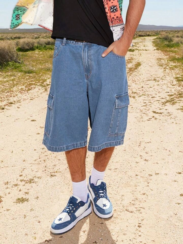 Manfinity EMRG Loose Fit Men's Denim Cargo Shorts With Flap Pockets On Sides