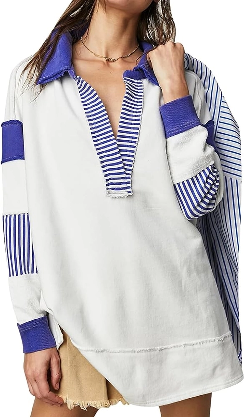 Women's Oversized Sweatshirt Striped V Neck Long Sleeve Polo Shirts Lapel Collared Color Block Patchwork Pullover Top