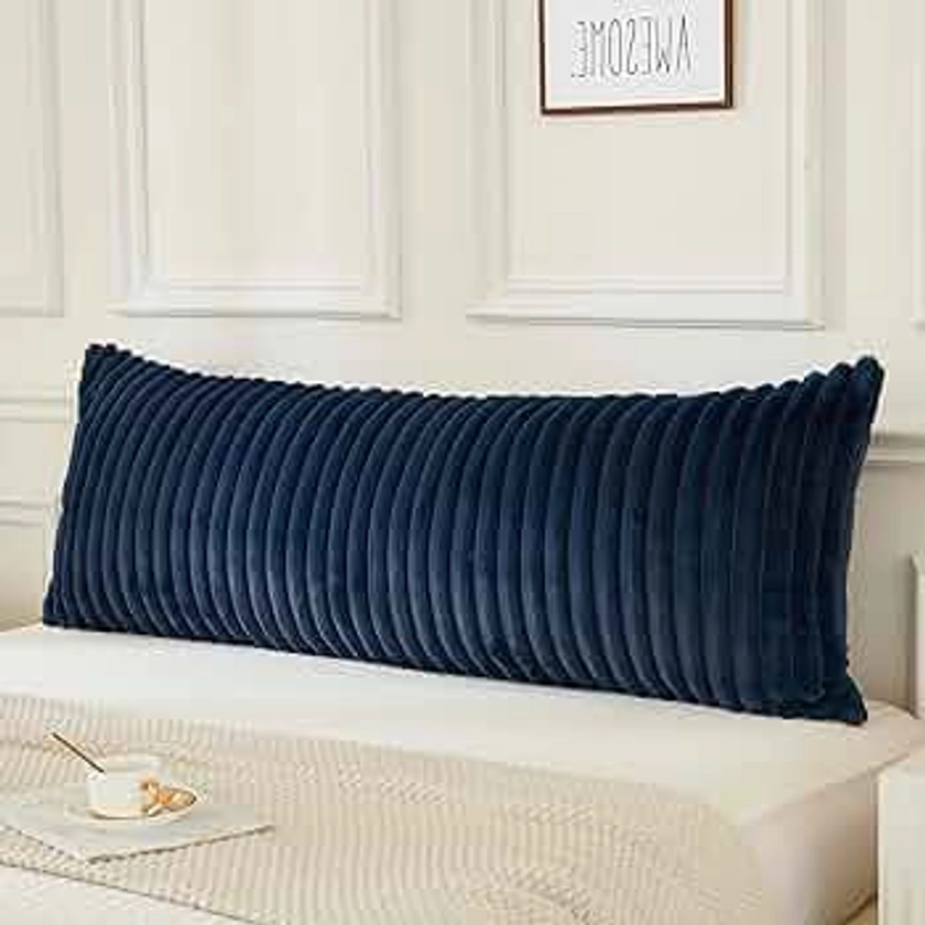 JAUXIO Faux Fur Fluffy Body Pillow Cover Luxury Textured Vertical Stripe Plush Decorative Body Pillowcase, Ultra Soft and Cozy Zipper Closure 21 x 54 Inches, Navy