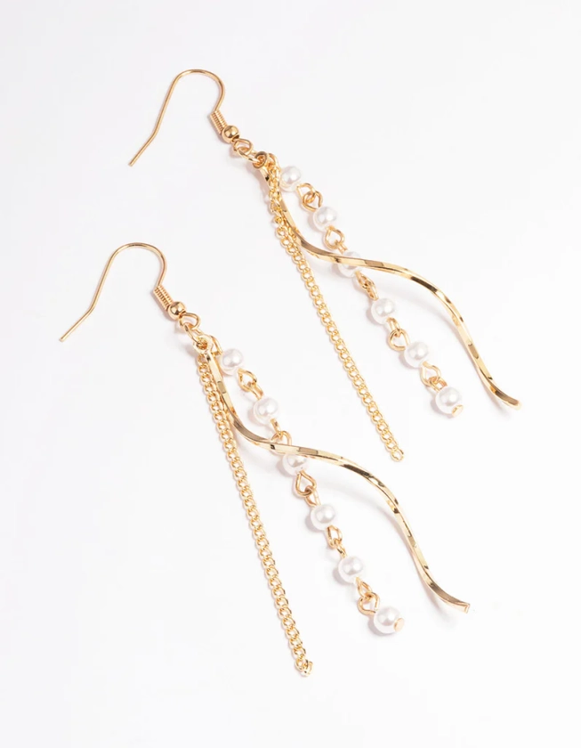 Gold Pearl Chain Spiral Drop Earrings