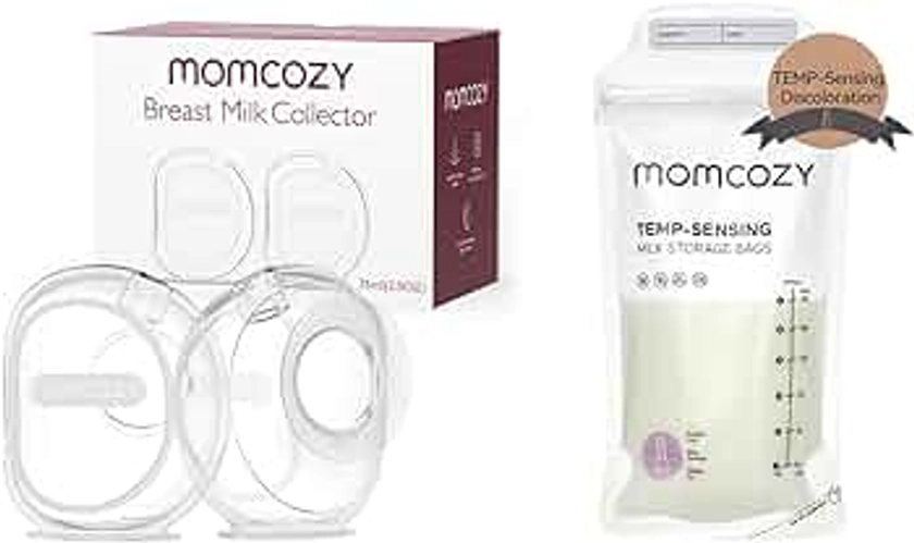 Momcozy Temp-Sensing Breastmilk Storing Bags, 120PCS & Momcozy Milk Collector for Breastmilk, 2.5oz/75ml, 2 Pack