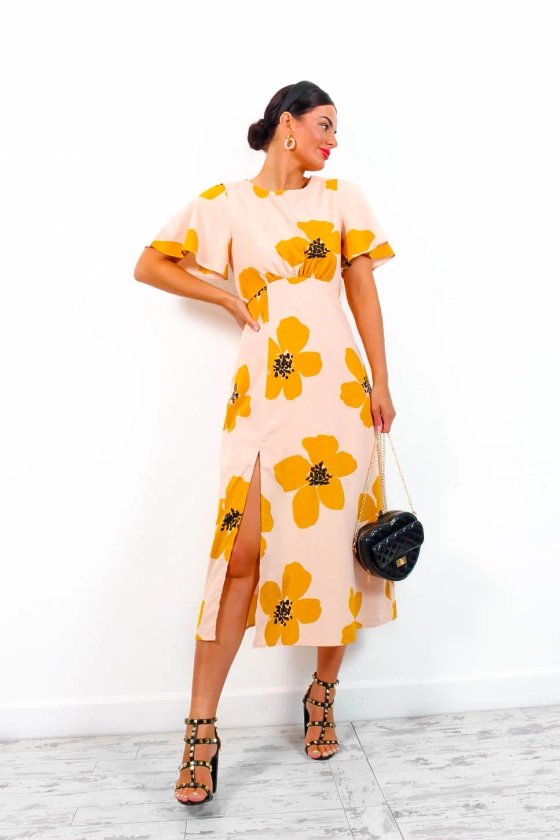 Lets Split - Mustard Floral Print Midi Dress