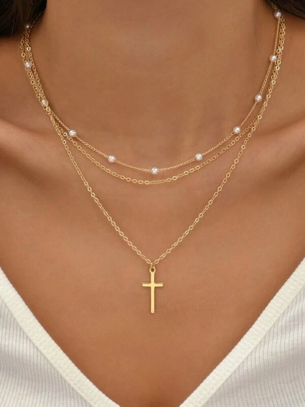 17KM 2pcs/Set Simple Faux Pearl & Cross Multi-Layer Necklace For Women, Ideal For Vacation, Date, Gift, Daily Wear (Random Number Of Faux Pearls)