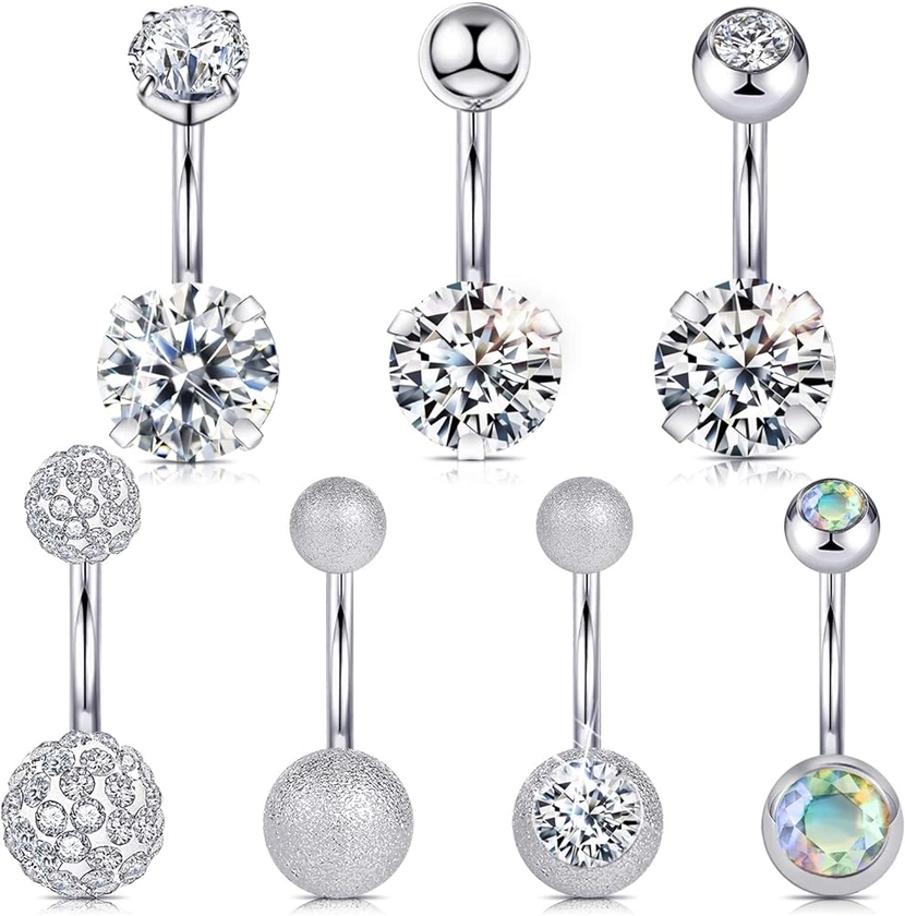 Wssxc 14G Hypoallergenic Surgical Steel Belly Button Ring Cubic Zirconia Imitation Diamond Belly Button Barbs Body Piercing Set 7Pcs