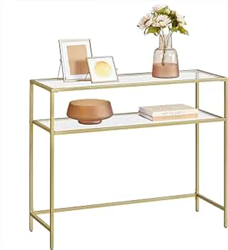 VASAGLE 39.4 Inch Console Sofa Table, Modern Entryway Table, Tempered Glass Table, Metal Frame, 2 Shelves, Adjustable Feet, for Living Room, Hallway, Gold Color ULGT025A01