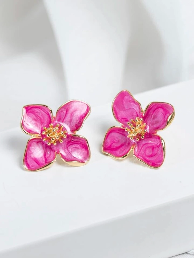 1pair Colorful Oil Drip Four-Petal Flower Shaped Dopamine Stud Earrings For Women, Simple & Sweet Daily Accessory, Perfect Gift For Vacation | SHEIN UK