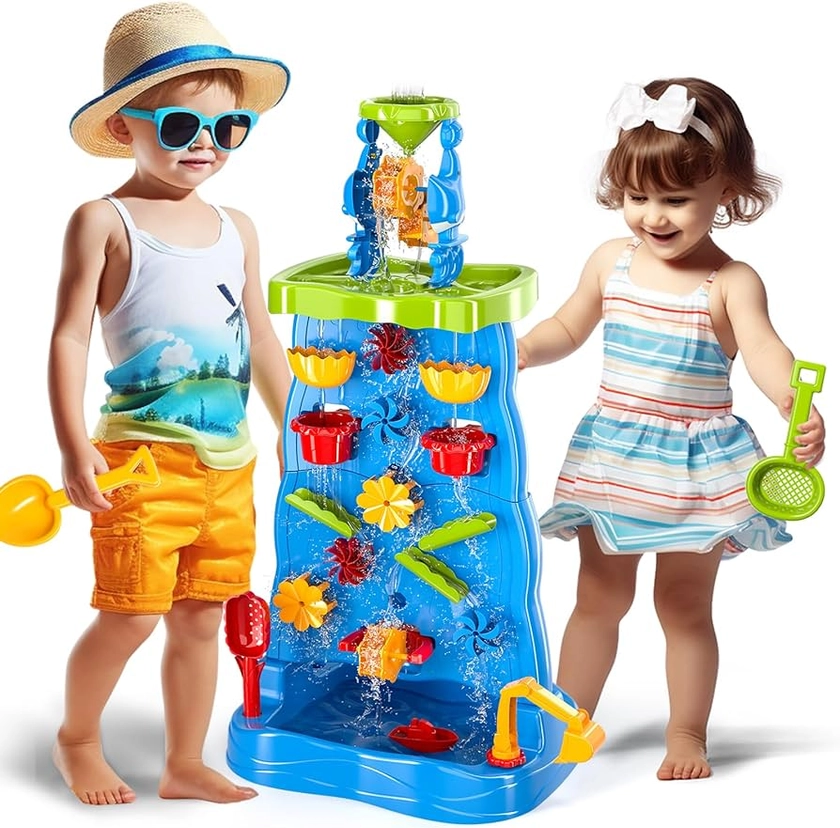 Toddlers Water Table Waterfall-like Wall - Double-Sided Water Sand Table for Kids, 32 PCS Outdoor Toys for Toddlers Age 3-8, Activity Sensory Table Summer Toys for Boys Girls Ages 4-8