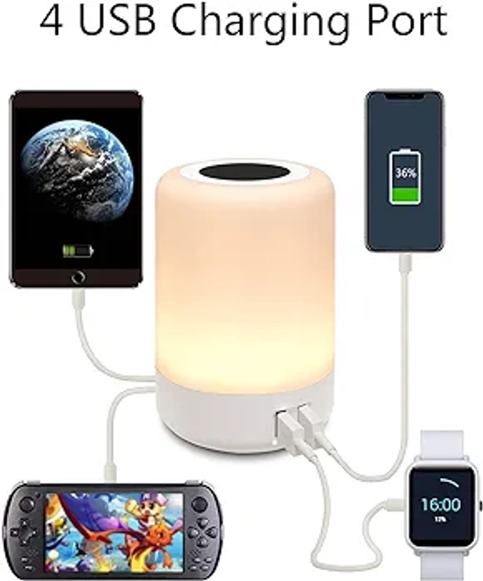 salipt Veilleuse LED, avec 4 Ports de Chargement USB, Lampe de Chevet Colorée, Lampe Nuit Tactile avec 8 Couleurs Changeantes pour Chambre à Coucher, Salle de Bébé et Salon