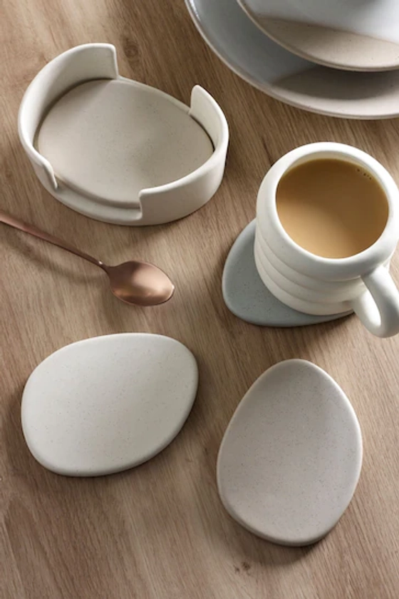 Natural Scandi Ceramic Pebble Coasters in Holder