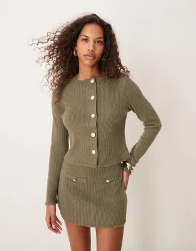 ASOS DESIGN co-ord brushed rib long sleeve cardigan with gold buttons in khaki | ASOS