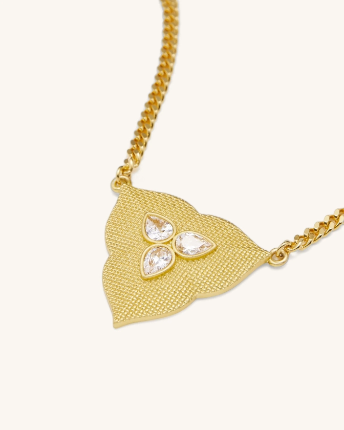 Collier pendentif feuille - Plaqué Or 18ct &amp; Zircon blanc