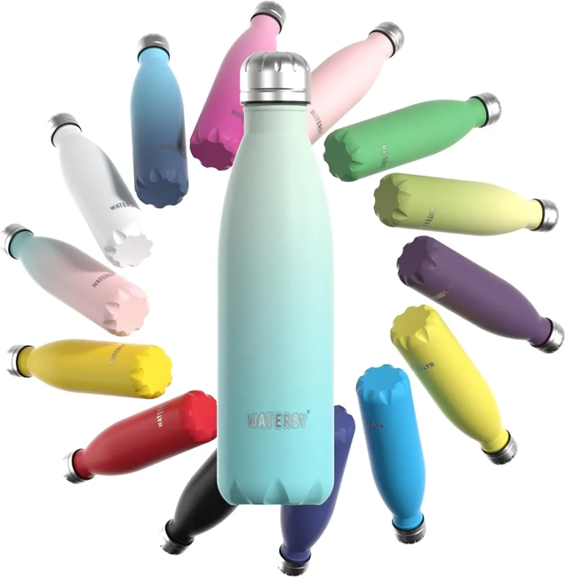 Stainless Steel Insulated Water Bottle, WATERSY Double Walled Metal Vacuum Flask Keep 24 Hrs Cold & 12 Hrs Hot Thermal Metal Sports Bottles 500ml BPA Free for Outdoor, Work, Gym, School (Deux Green)