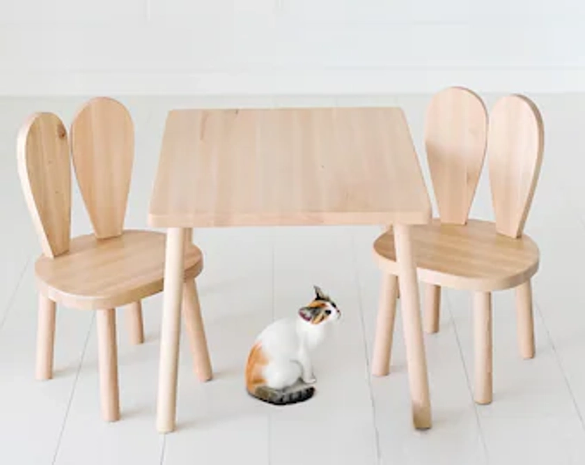 Ensemble table et chaises pour tout-petits-Table et chaise en bois pour enfants,Chaise lapin,Table en bois pour enfants,Table et chaise Montessori,Table d&#39;activités