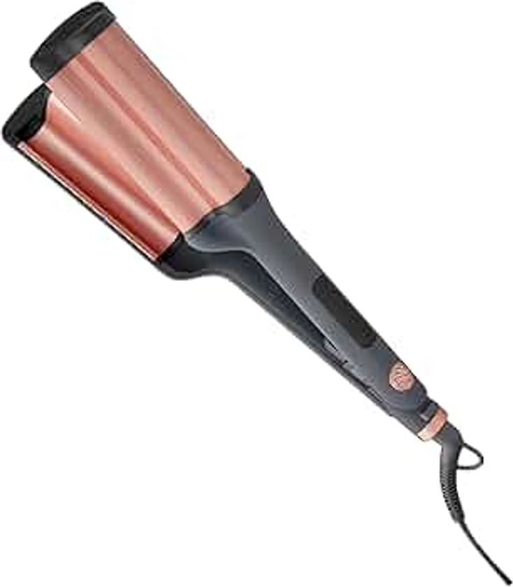 Hairitage Catch The Wave Curling + Crimping Iron - 3 Barrel Ceramic Tourmaline Pink Curler + Crimper - Beach Waves + Curls - Reduce Frizz + Increase Shine - All Hair Types + Textures