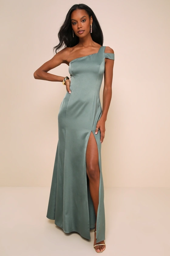 Gliding Beauty Sage Green Satin One-Shoulder Cutout Maxi Dress