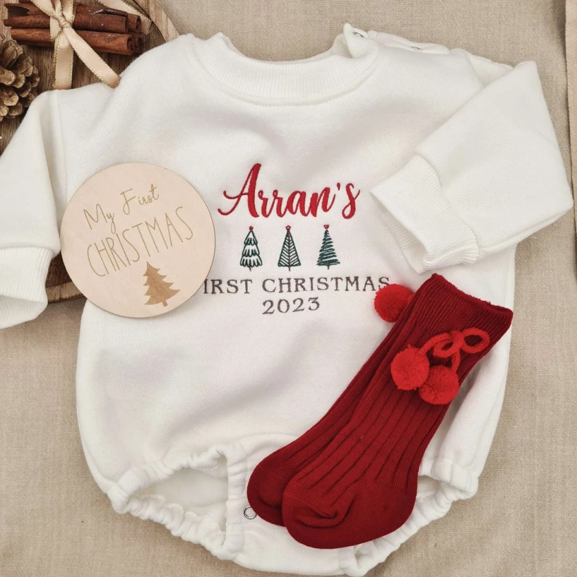 Personalised Baby Christmas Romper, Embroidered First Christmas Sweatshirt Romper, First Christmas Baby Gift, Baby Christmas Outfit