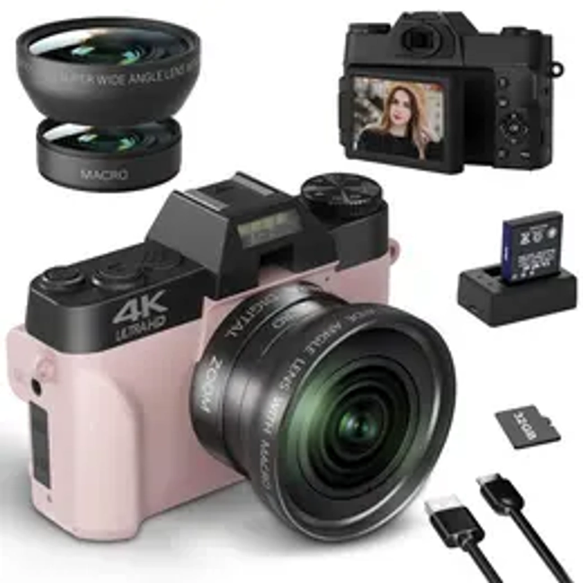 4K Digital Camera, 56MP Camera with 180° Flip Screen, Vlogging Camera, Autofocus Cameras with 16X Digital Zoom, Wide Angle & Macro Lens Digital Camera