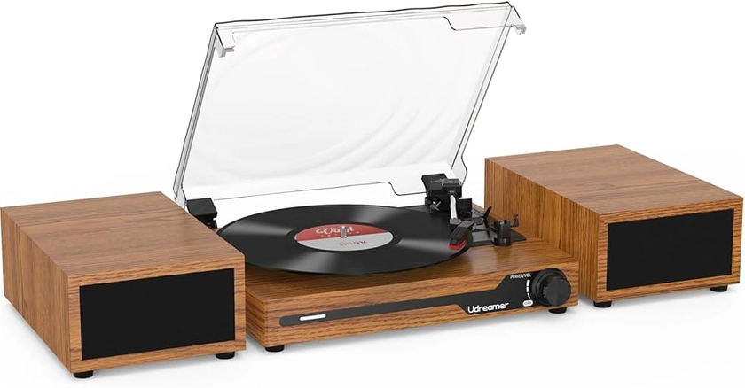 Udreamer Platine Vinyle avec 2 Haut-parleurs Stéréo Doubles, Vintage Tourne-disqu Bluetooth 5.3 Prend en Charge 3 Vitesses, Entrée Auxiliaire, Ligne RCA, USB,Lecture sans Fil, Jaune